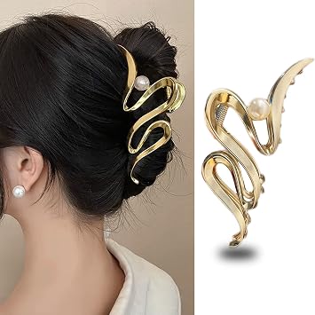 1Pcs Large Metal Gold Snake Wave Hair Claw Clips with Pearl Design - Strong Hold Jaw Clips for Thick or Thin Hair - No-slip Grip for Women
