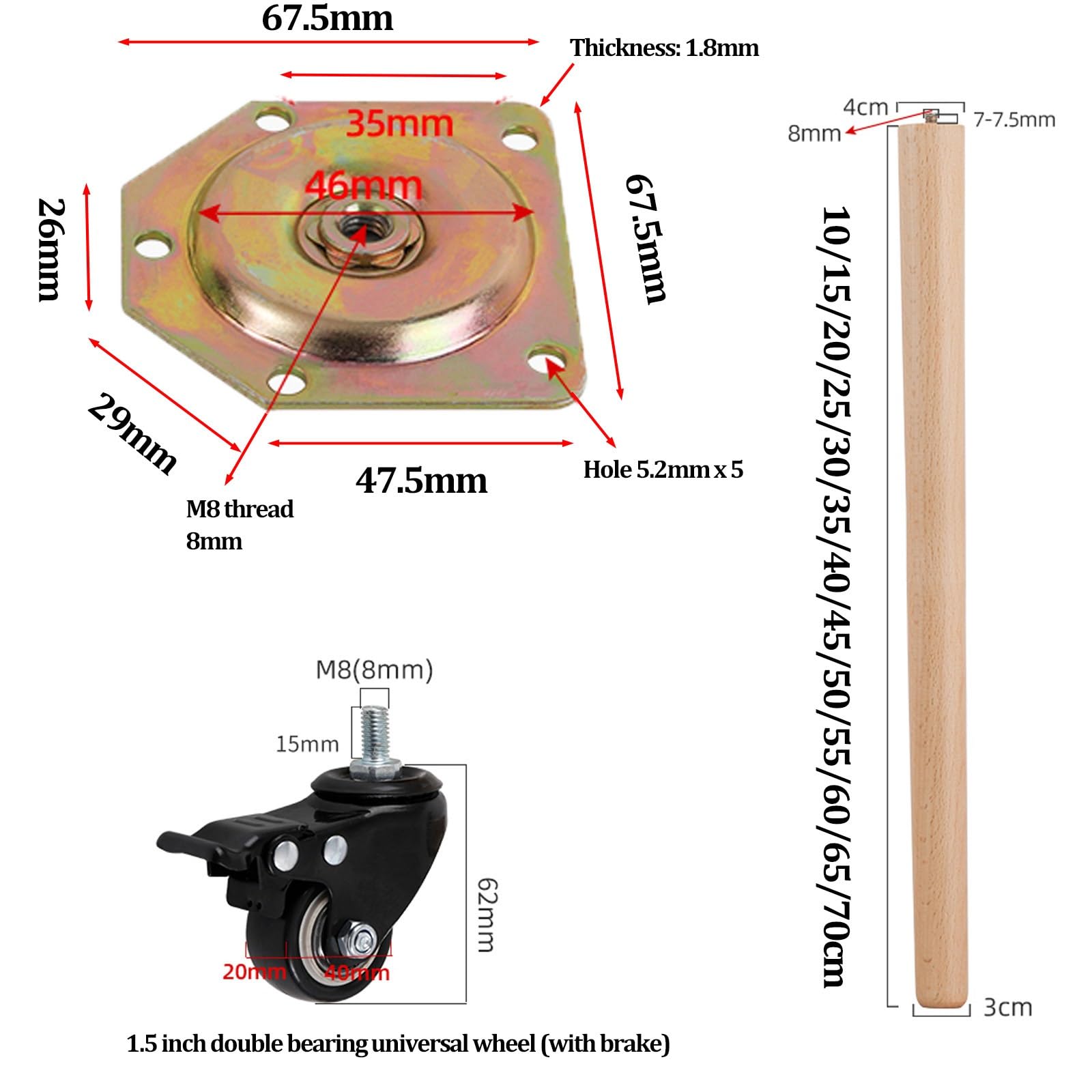 4 Gambe per mobili in Legno con Ruote universali, Piedini Conici per divani, armadi, tavolini e divani - Altezza Regolabile 50+6,2 cm, Ideale per l'arredamento della casa.