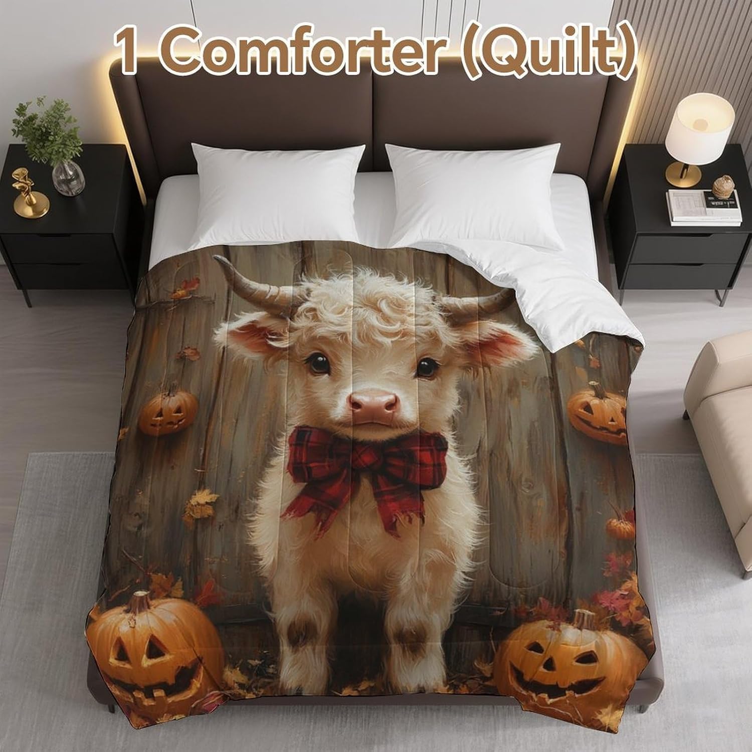 Autumn Cow Pumpkin Comforter Bedding Heavy Bed Blanket Soft Warm Fluffy All Seasons Only Quilt 155x220cm
