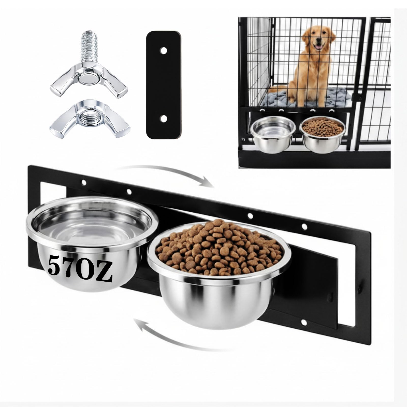 LemonRoad Futternapf für Hunde, drehbar, Edelstahl, Metall, mit Drehhalterung, für große, mittelgroße und kleine Hunde, Fütterung für Käfige, Hundehütte, 59,9 x 17,8 cm