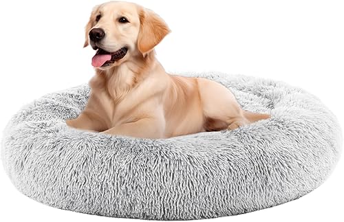 Miniatura 14 de Sweetcrispy Cama Dona para Perro, Cama Grande Redonda Calmante para Gatos con Cojín Impermeable Lavable, Mullida y Acogedora de Piel Sintética