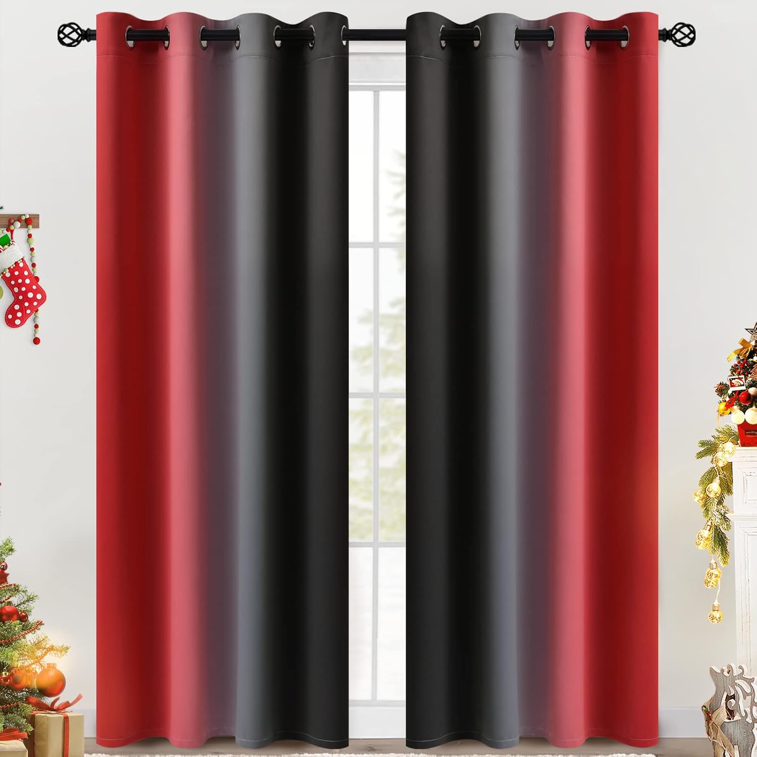 COSVIYA Grommet Ombre Room Darkening Curtains 84 inches Length for Living Room, Light Blocking Red and Black Gradient Window Drapes/Curtains for Bedroom,2 Panels, 52x84inches