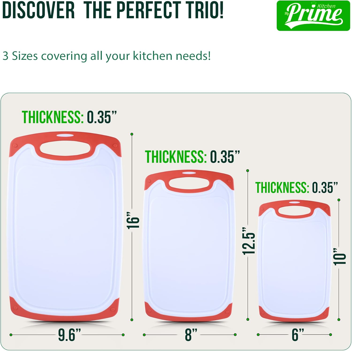 Plastic Cutting Boards for Kitchen, with Grips – Set of 3 Dishwasher-Safe, Non Slip Cutting Board with Juice Groove – Thick, Durable Cutting Boards for Meat and Vegetables by My Prime Kitchen, Red