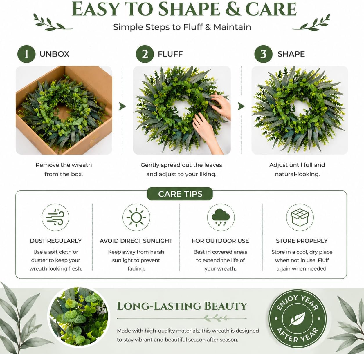 24 Inch Eucalyptus Wreath for Front Door, Spring Summer Door Wreath with Green Eucalyptus & Foliage for Indoor Outdoor Farmhouse Wall Window Porch Home Decor