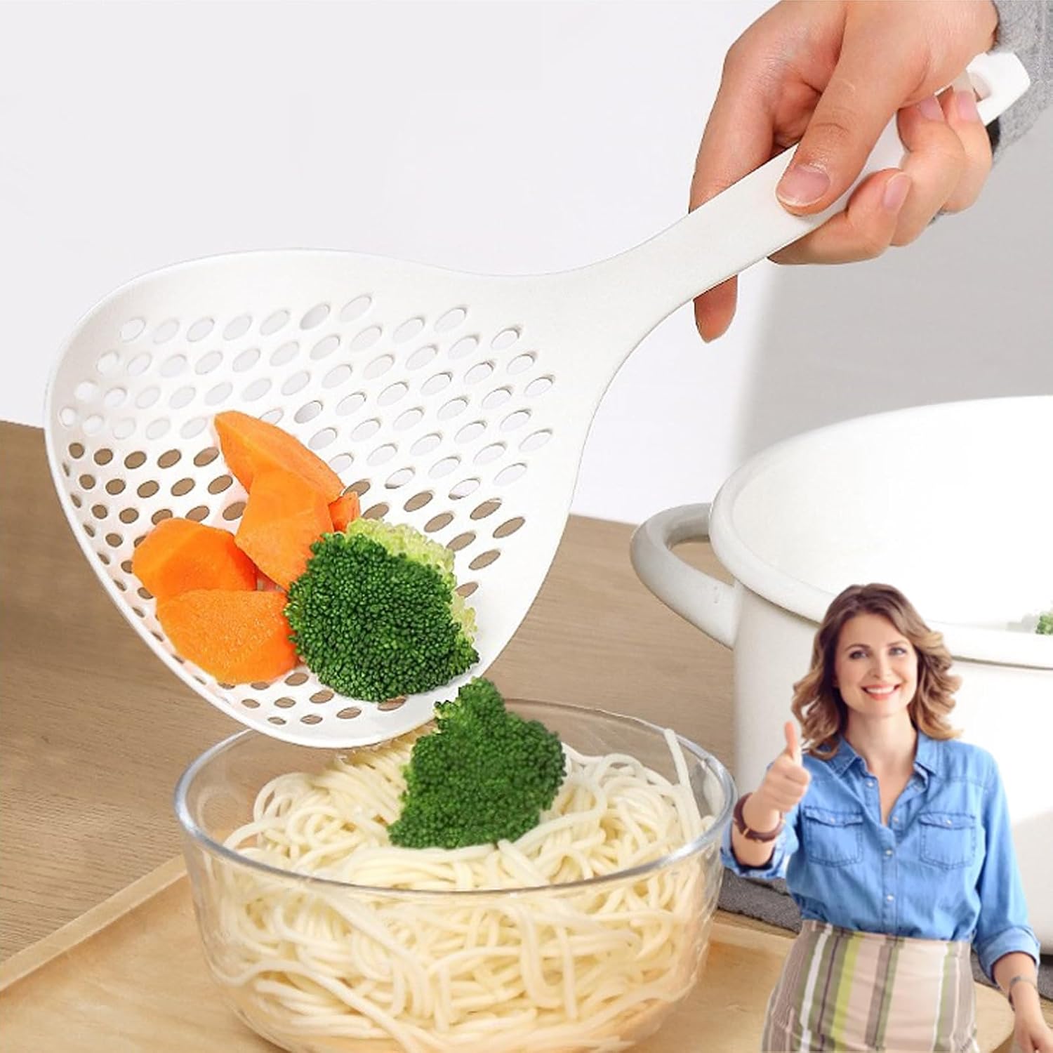 Large Scoop Colander Strainer, Skimmer Slotted Spoon Scoop Thermoplastic Colander Strainer Shovel, Cooking Utensils for Kitchen Cooking Baking Heat Resistant (White)