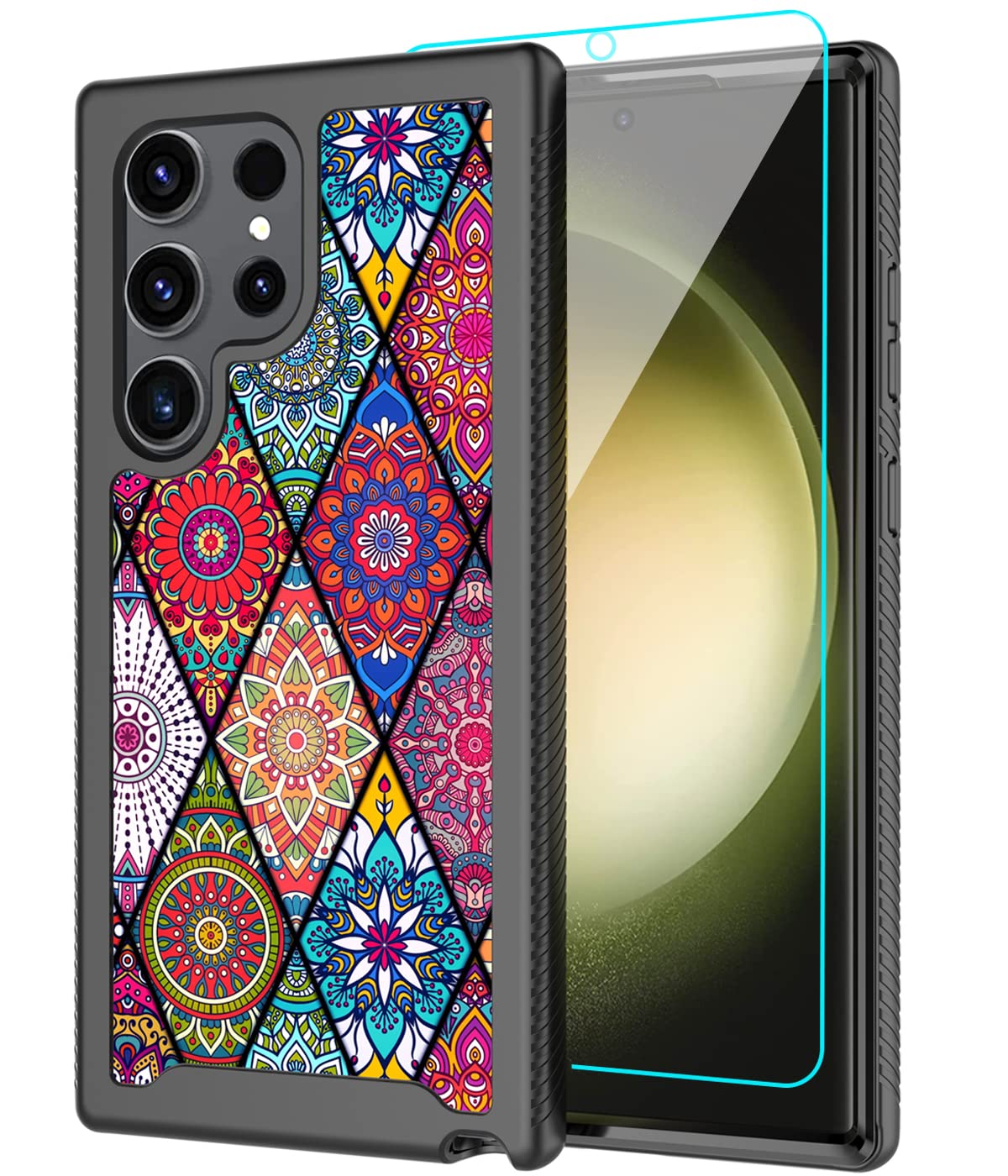 LEXNECCase for Samsung Galaxy S23 Ultra 5G Case with [1 Pack] Soft TPU Screen Protector,Phone Case for Galaxy S23 Ultra 5G Armor Protective Girls Women Men Flower Bumper [Colorful Mandala]