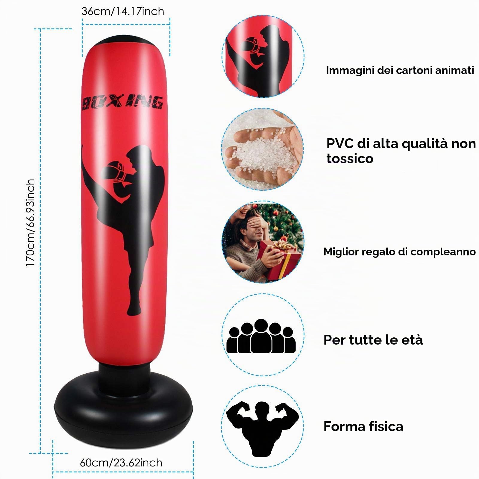 Sacco da boxe autoportante per MMA, Muay Thai, fitness, kickboxing, sacco da boxe resistente, con supporto, per adulti e ragazzi (Senza guanti)