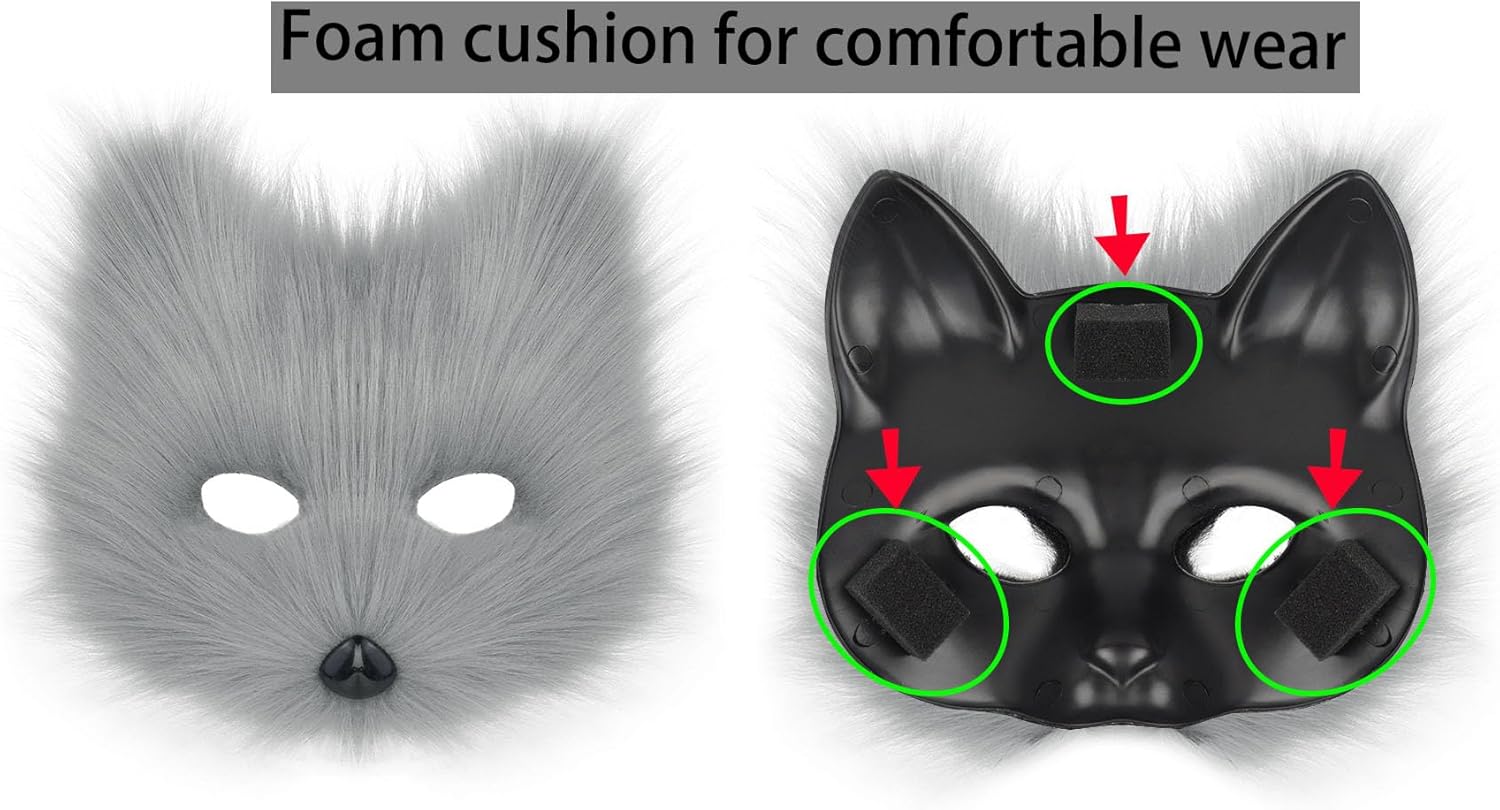 Furry Fox Cat Mask Wolf Tail and Fingerless Faux Fur Paw Gloves Set for Women Halloween Costume Accessories