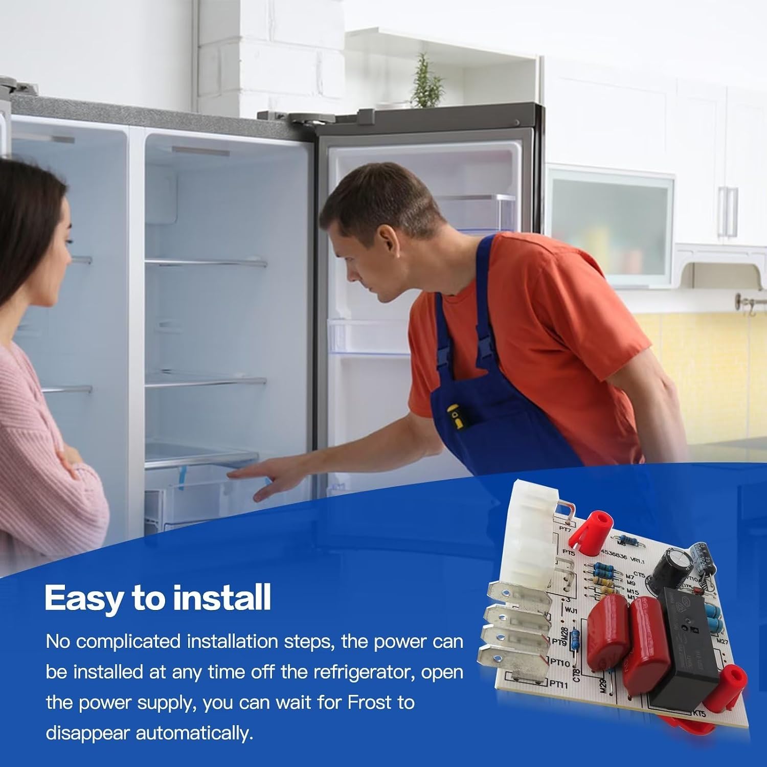 A technician and a person observing the inside of a refrigerator, with the WPW10366605 control board superimposed, illustrating the ease of installation.