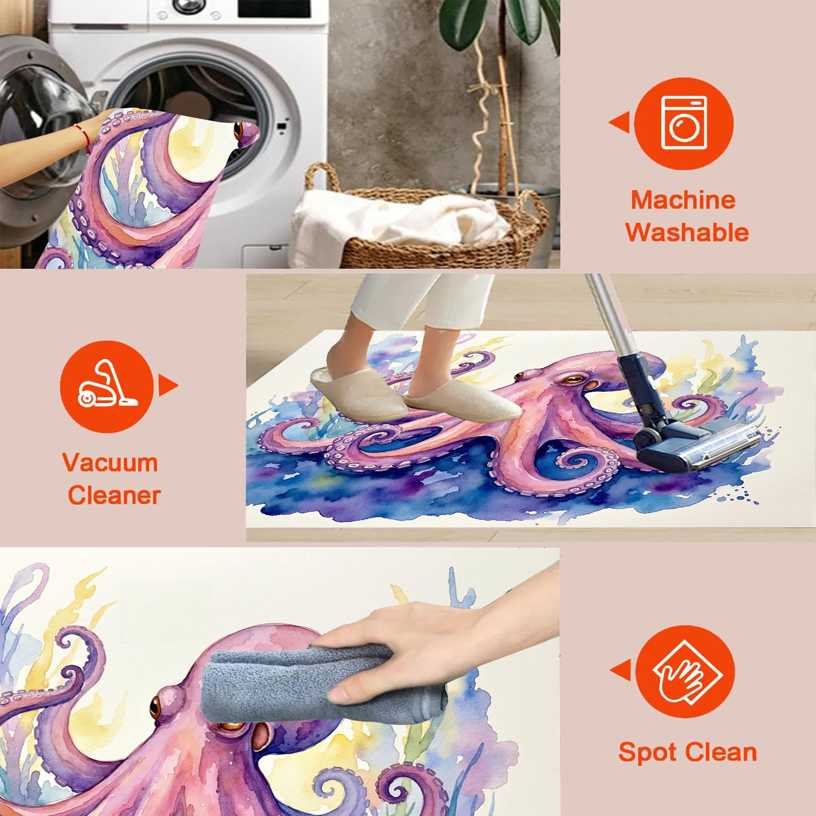 Tapis Rond 160cm Poulpe Algues pour Chambre, Océan Aquarelle Animal Rond Tapis Antidérapant Lavable en Machine Cuisine Salon Adulte Interieur Bureau Cuisine Decoration