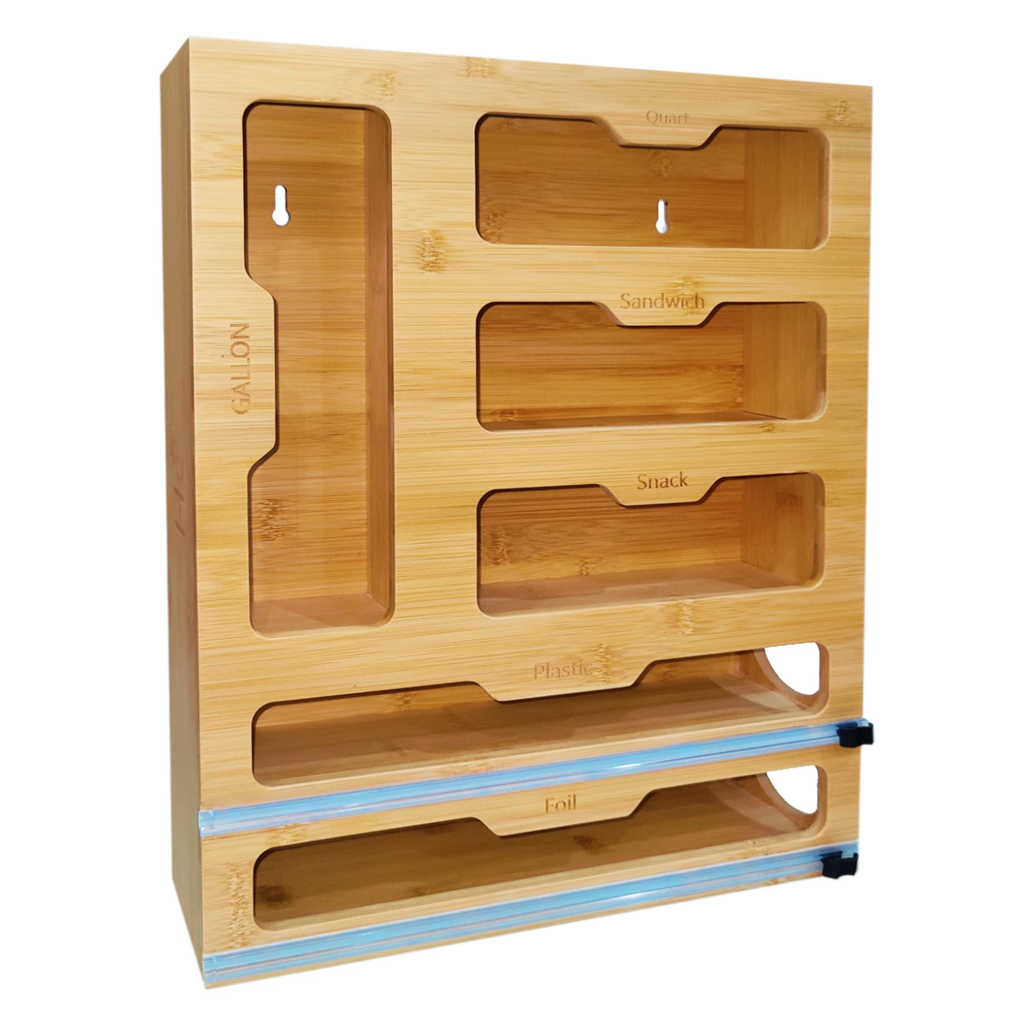 Bamboo 6 in 1 Food Storage Bag Organizer for Kitchen Drawer Baggie Container Dispenser Food Storage Bag Holder for Sandwich - Nuts, Cookies & Snack Variety Size Bags, Compatible with Ziploc,Gallon