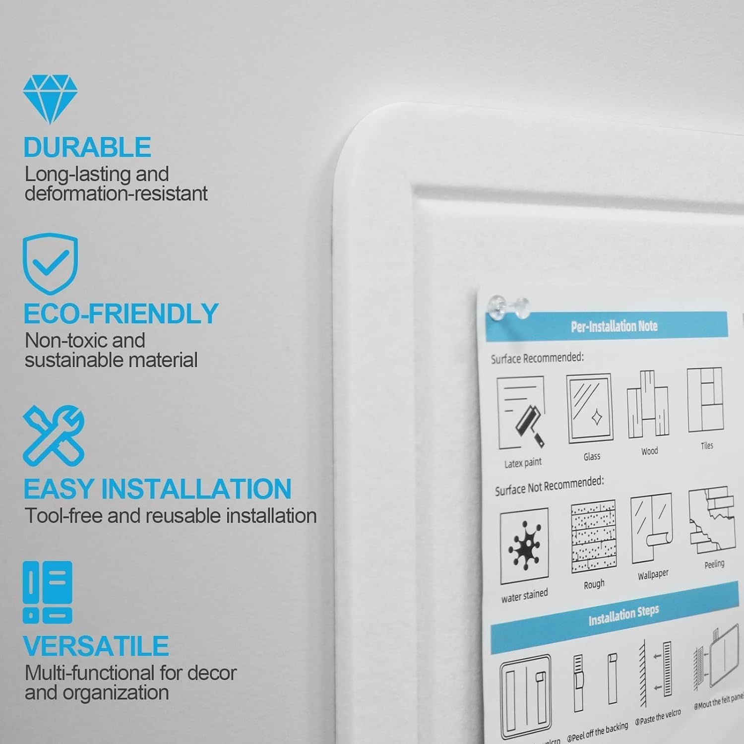 Large Felt Bulletin Board for Wall, 24"x36" Frameless Picture Board, Soft Felt Cork Board for Office, Home Planning & Office Wall Decor, Easy Install Pin Board