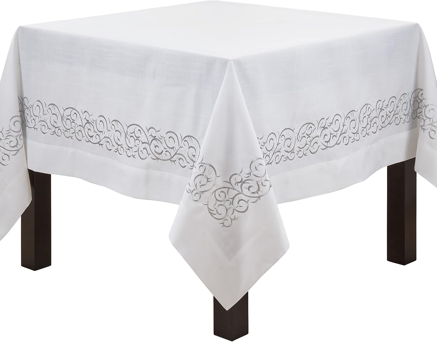 Saro Lifestyle Embroidered Scroll Tablecloth, Silver, 72"