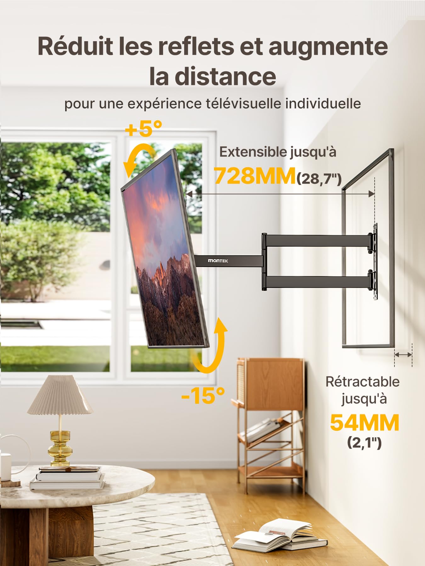 monTEK Support Mural TV à Extra Longue Portée 728mm, pour écrans 23"-65" | Fixation Murale TV jusqu'à 35kg, Orientable et Inclinable, Support TV d'angle, Extension Longue Distance, Max VESA 400x400 mm