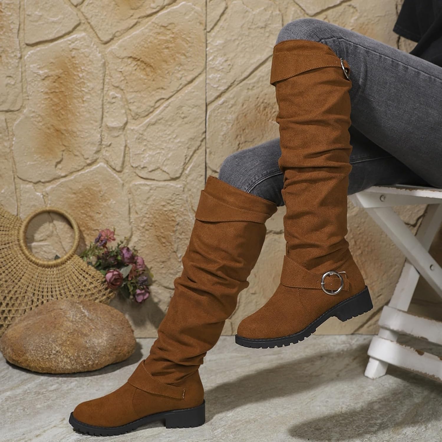 Women's Slouchy Knee High Boots Comfortable Wide Calf Platform Flat Fold Tall Boot Stylish Round Toe Fall Winter Casual Boots for Women