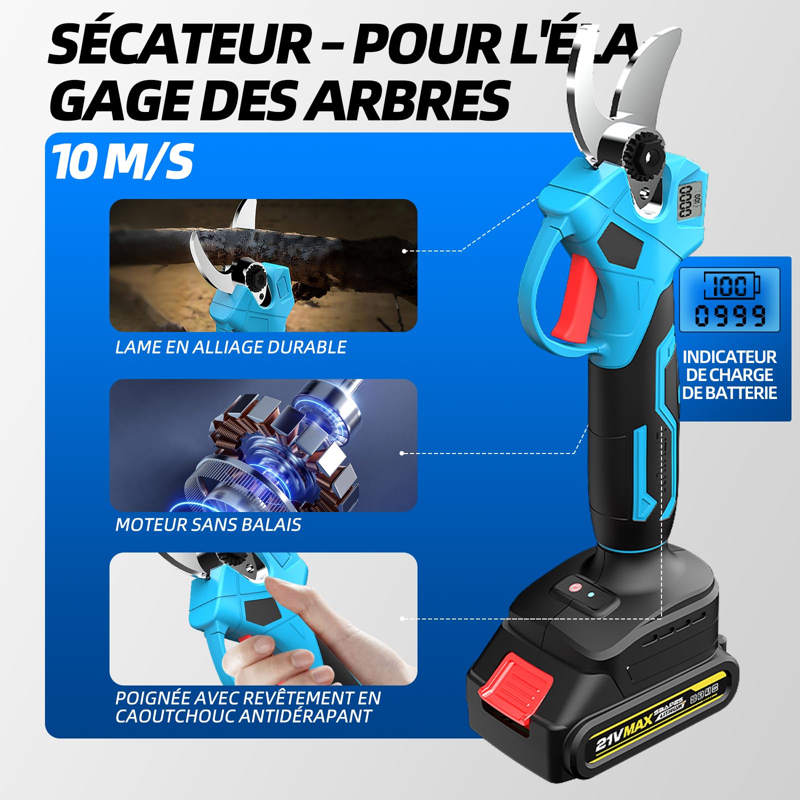 4 en 1 Tronçonneuse sur perche sans fil 15 cm (6″) Mini tronçonneuse avec télescopique (2,5 m) + Sécateur électrique 35 mm, incl. 2x21V batterie parfait pour l’élagage et la taille des branches
