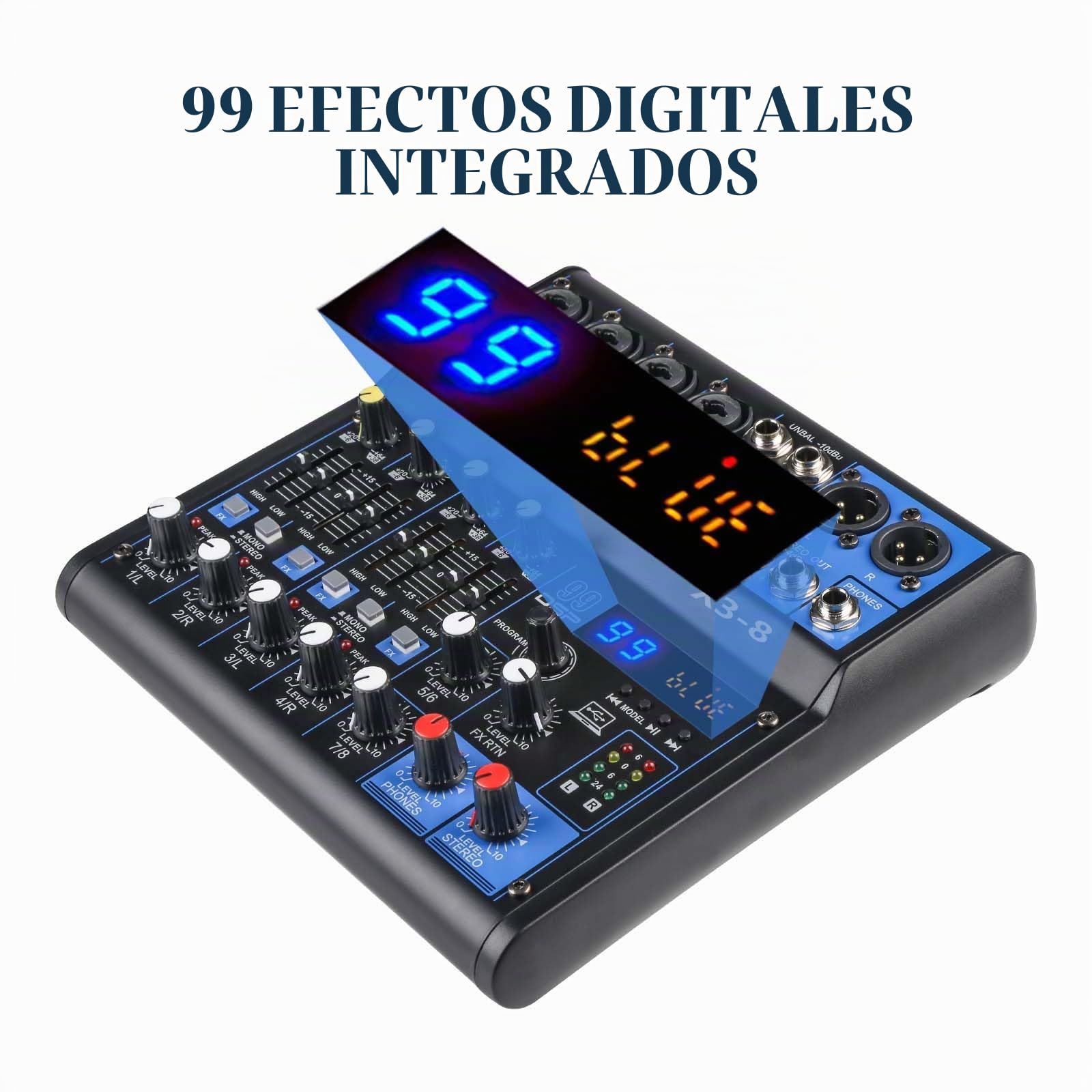Mezclador de Audio Profesional 8 Canales Mesa de Mezclas para Escenarios y Eventos, 99 DSP Efecto Dj Mixer Audio con Usb Bluetooth MP3 Mesa Sonido