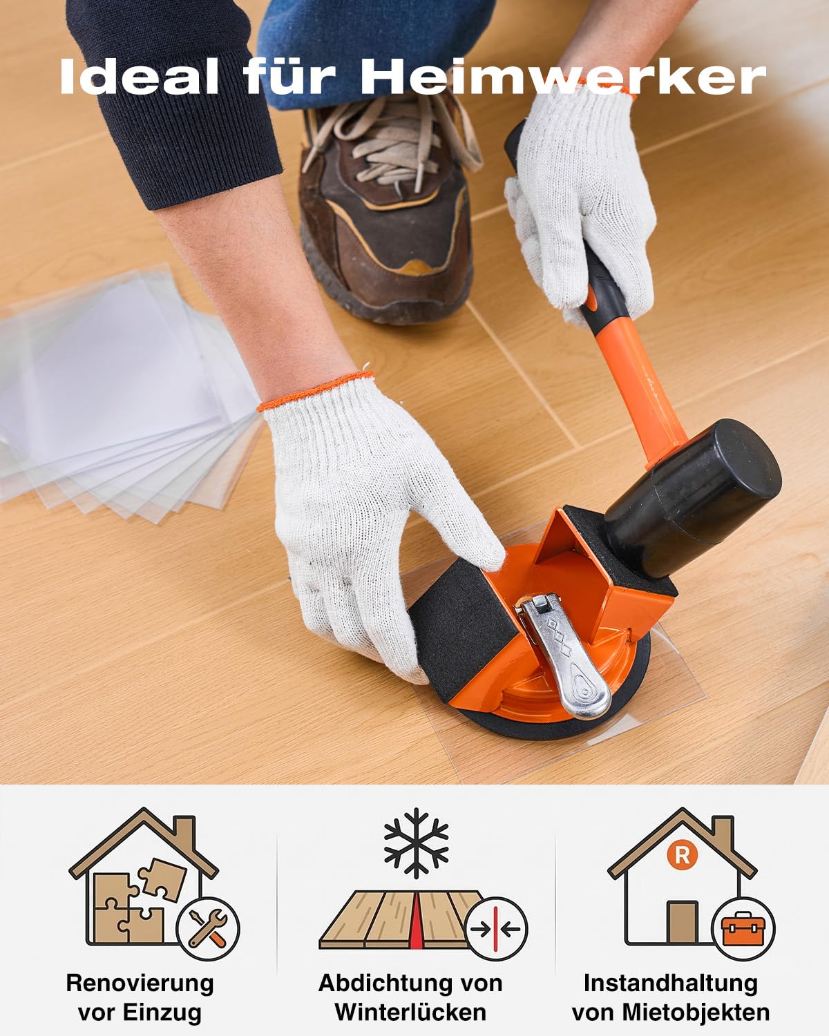 Saker Laminat Verlegeset mit Saugnapf & Schlagfunktion, Laminat Reparaturset für Bodenfugen, Bodenlücken schließen Werkzeug für Laminat & Vinyl, Flooring Installation(Single Saugtasche + Gummi Mallet)