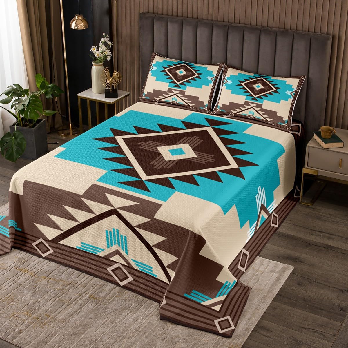 Feelyou Aztec Coverlet Set Queen Size, Blue Brown Boho Quilted Coverlet for Kids Boys Girls Southwestern Decor Bedspread Bohemian Quilted with 2 Pillow Case