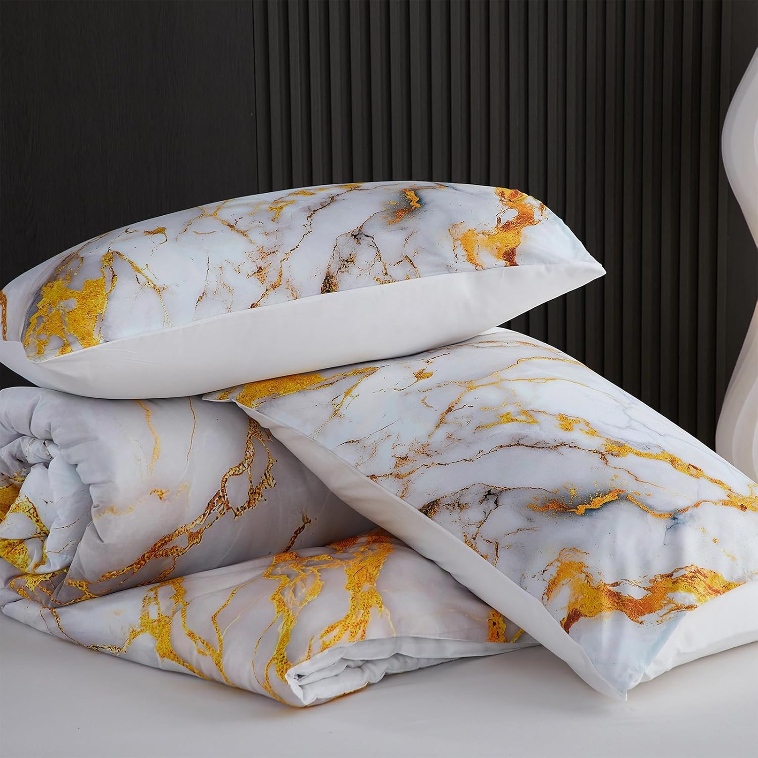 Holawakaka White Gold Marble Print Bedding Comforter Set Queen Size Marbled Bed Sets 3 Pieces (White Gold, Queen) - Image 8