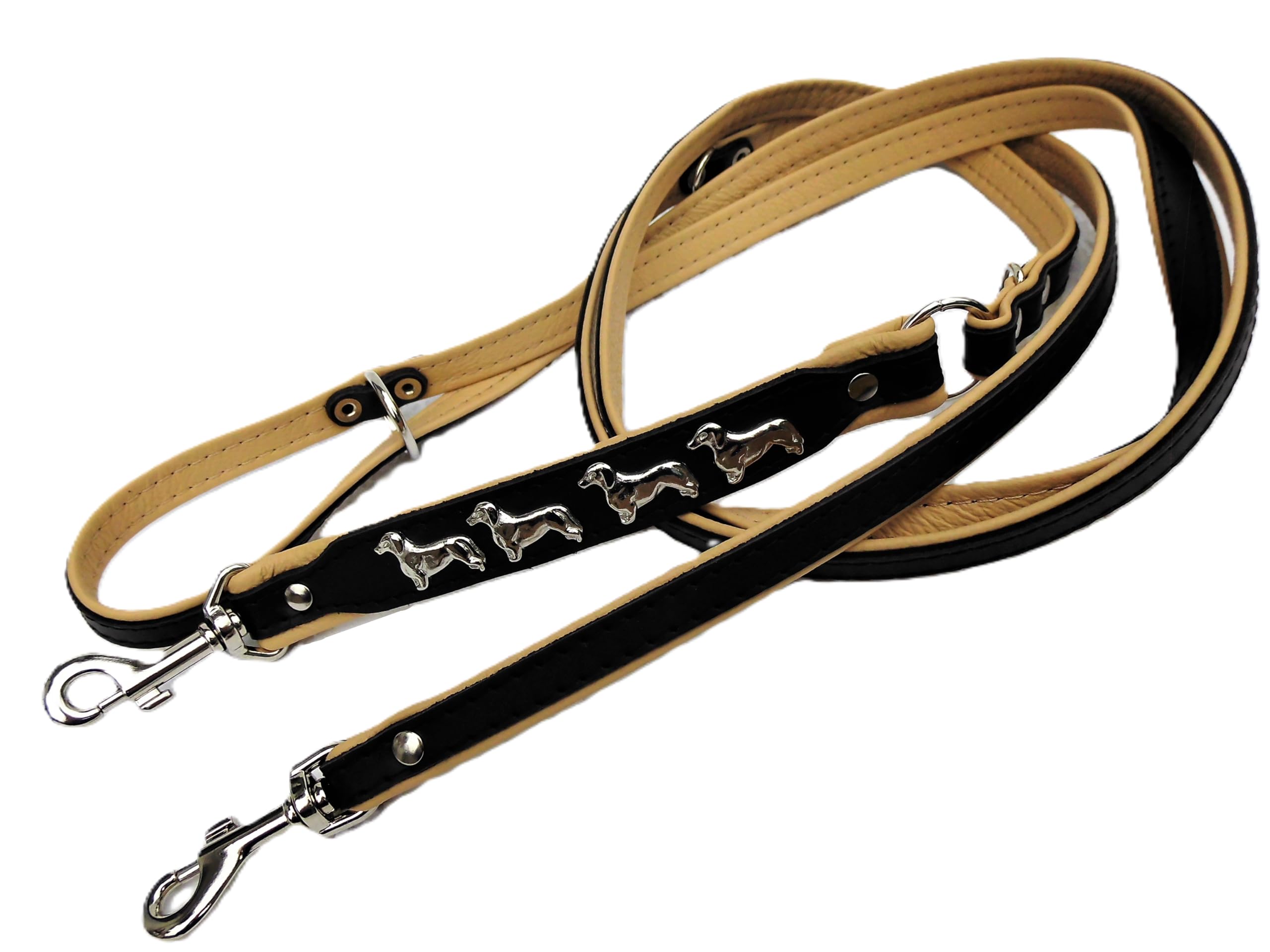 *DACKEL* HUNDELEINE - Leine - 220cm/13mm, Echt Leder, 3xVerstellbar- Schwarz - Rot - Blau - Braun (Schwarz/Beige)