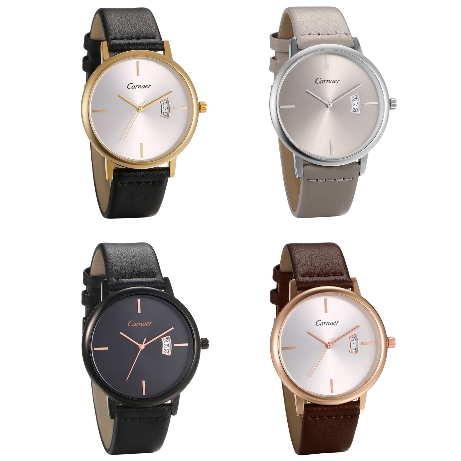 JewelryWe Reloj de pulsera para hombre Correa de cuero para mujer Fecha elección de color