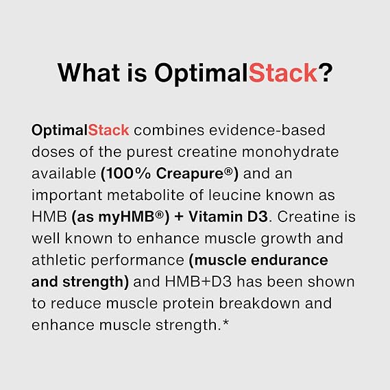 OptimalStack Creatine Monohydrate, HMB, Vitamin D3 Stack | with Creapure Creatine, Clinical Dosage of myHMB, and Vitamin D3 | NSF for Sport Certified | Unflavored, 30 Servings