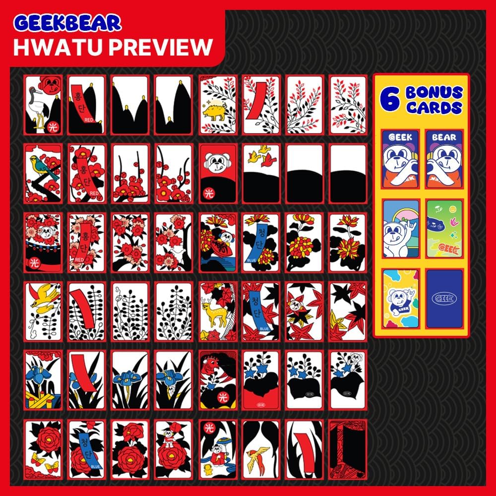 GEEKBEAR Hwatu Set - Known as Korean Hanafuda, Go Stop Hwatoo, Godori Game, New Year Board Game, 화투