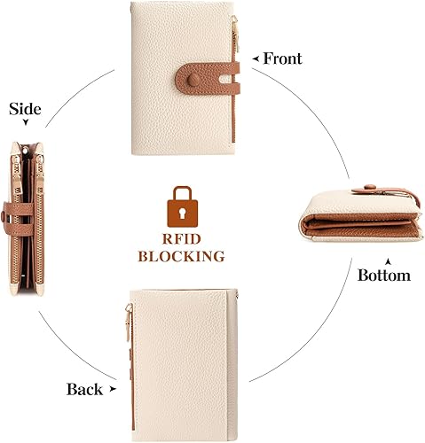 Miniatura 5 de FALAN MULE Cartera pequeña de cuero para mujer, con bloqueo RFID, tarjetero plegable con bolsillos dobles con cremallera, Blanco y marrón, Compacto