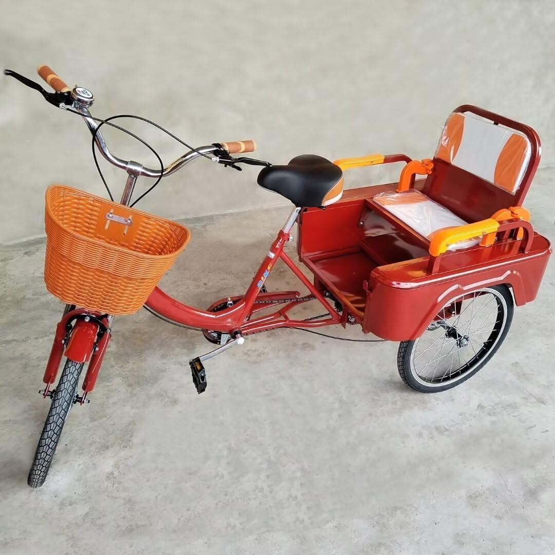 Outdoor Bikes with Rear Cabin,Elderly Scooter Tricycle with Rear Passenger seat,Leisure Shopping cart Rickshaw Pedal Bicycle for Adult (Wine red)