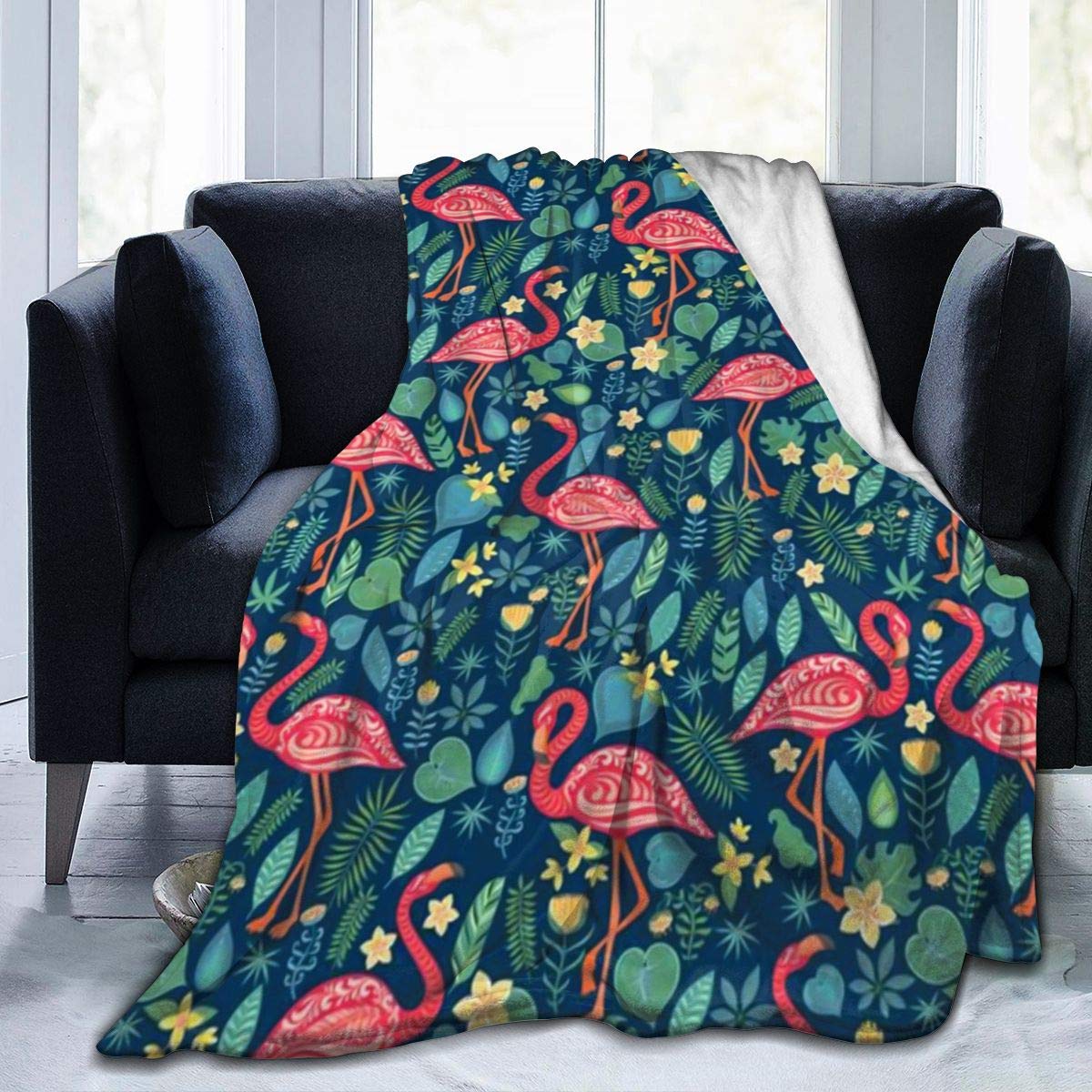 Oudrspo Funny Flannel Plush Blankets, 60"x50", Nordic Tropical Animals Pink Flamingo Greern Plant Pattern Throw Blanket for Winter Hotel, Air Conditioning Blanket and Thick Wrinkle-Resistant