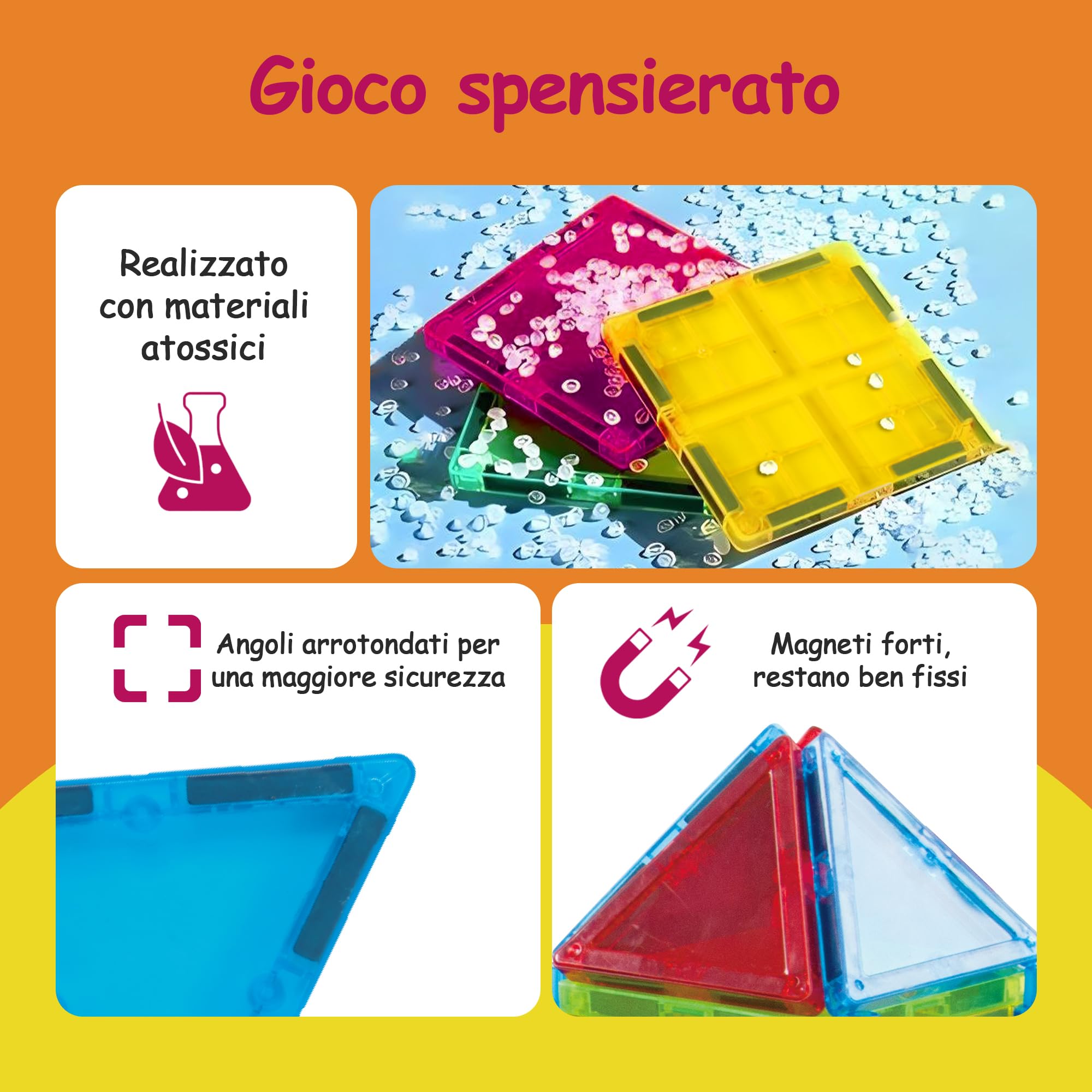 Olvy Blocchi magnetici Montessori Giocattoli – 126 Piastrelle magnetiche per bambini – Giocattolo da costruzione magnetico a partire dai 3 anni – Smart Playground mattoncini magnetici per bambini
