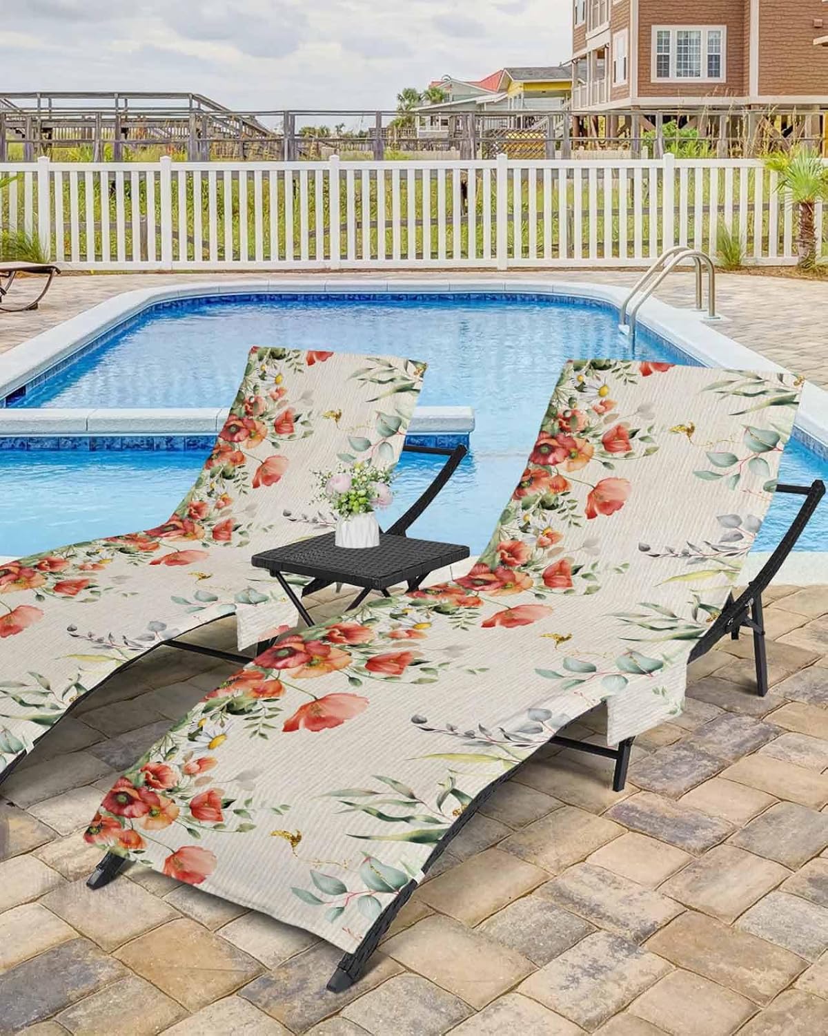 Eucalyptus Poppies Beach Pool Patio Lounge Chaise Chair Cover Towel With Pockets,Absorbent & Quick Dry Microfiber Towel Cover Bag Summer Sunbathing Accessories Country Rustic Botanical Flower Plant