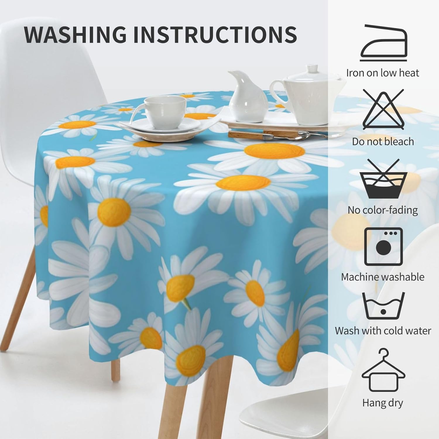 White Daisy in Light Blue Background Print Wrinkle Free Dining Table Cover for Birthday Party Farmhouse Tablecloths Up to 60 x 60 Inches