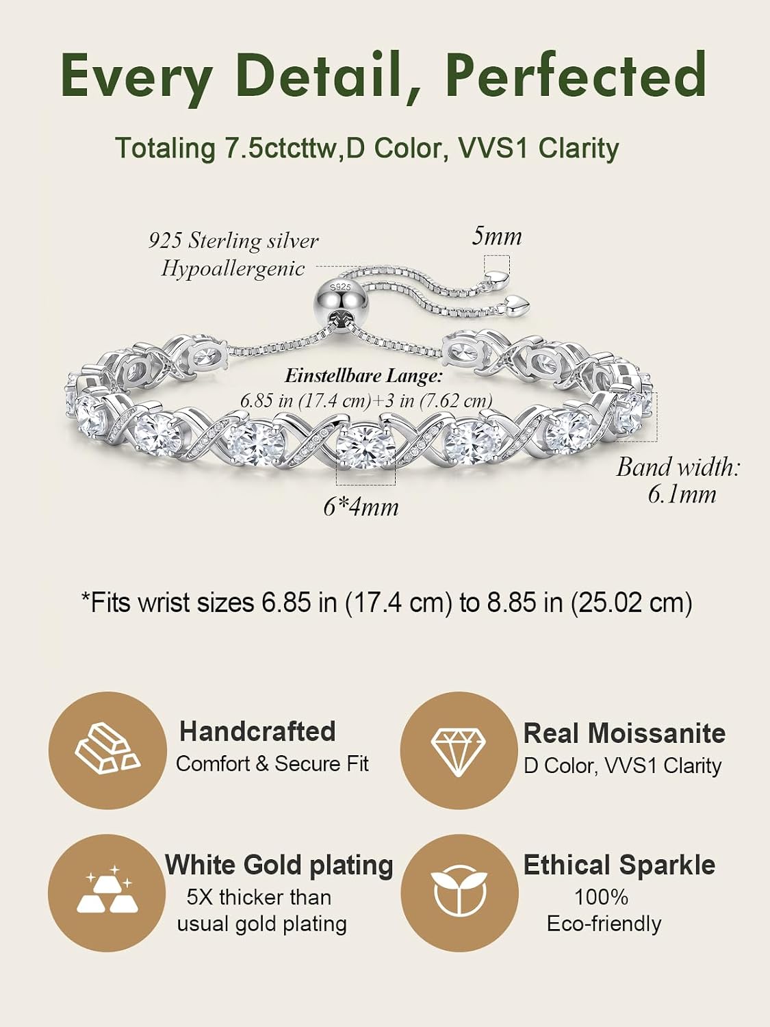 Moissanite Tennis Bracelets for Women Sterling Silver Infinity Knot Bracelet, D Color VVS1 Oval Cut Moissanite Bracelets with Adjustable Chain Jewelry Birthday Gift