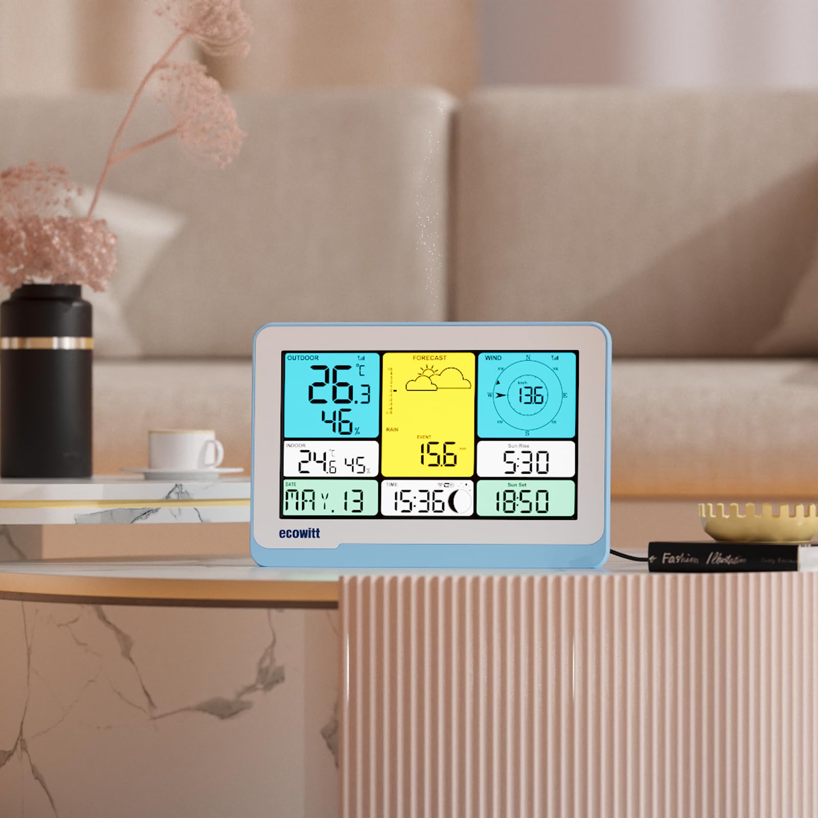 ECOWITT Console WS3820_C per stazione meteo, display LCD a colori domestico da 7,5 pollici, sensori interni 3 in 1 integrati, coppia con WS69/WS90/WS85, controllo intelligente del collegamento IoT