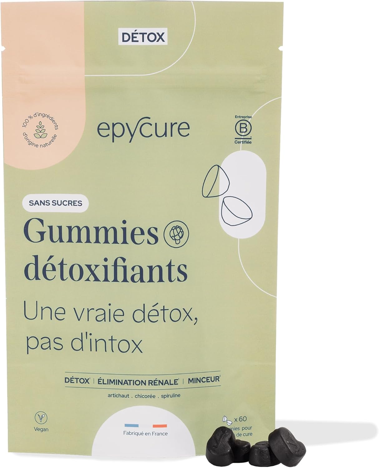 EPYCURE – Sugar-free Detoxifying Gummies – Fight against Weightgain, Fatigue, Skin Problems & Digestion – 100% Natural – Artichoke, Chicory, Spirulina – 15 Days – Vegan – Made in France