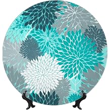 Teal Flowers Decorative Porcelain Dish with Stand, Circle Decorative Plates for Display Grey Floral Home Office Kitchen Wall Decor, 10in