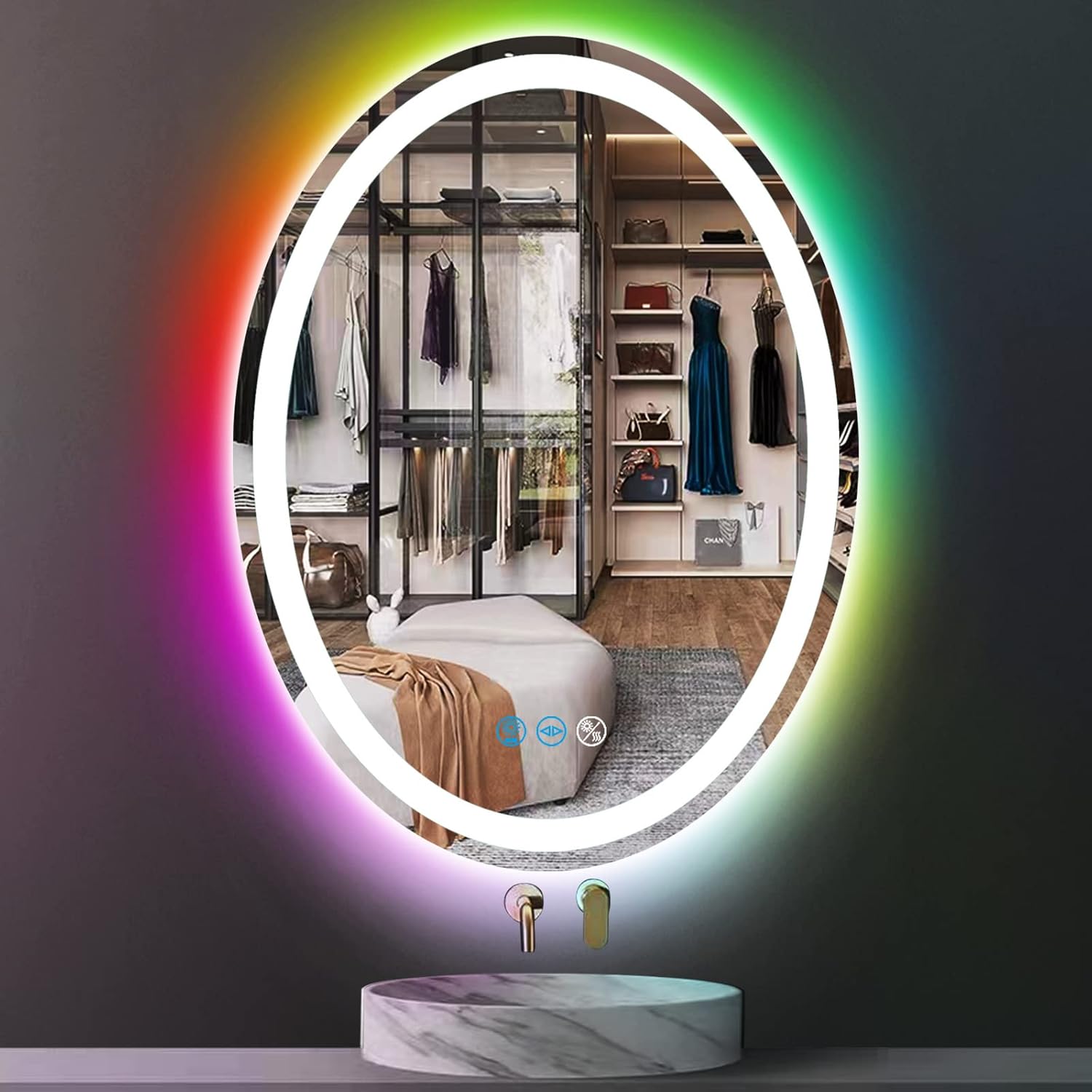 32 x 24 Inch Bathroom LED Oval Mirror with Lights Smart Memory Front & RGB Color Changing Backlit Oval Lighted Mirror for Bathroom Wall 32 Colourful Ovals Vanity Mirror with Lights AntiFog