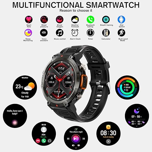 Miniatura 7 de ORANJUZIGO Relojes inteligentes para hombre, reloj deportivo con linterna LED 3ATM, resistente al agua, 1.45 pulgadas, HD, reloj inteligente para
