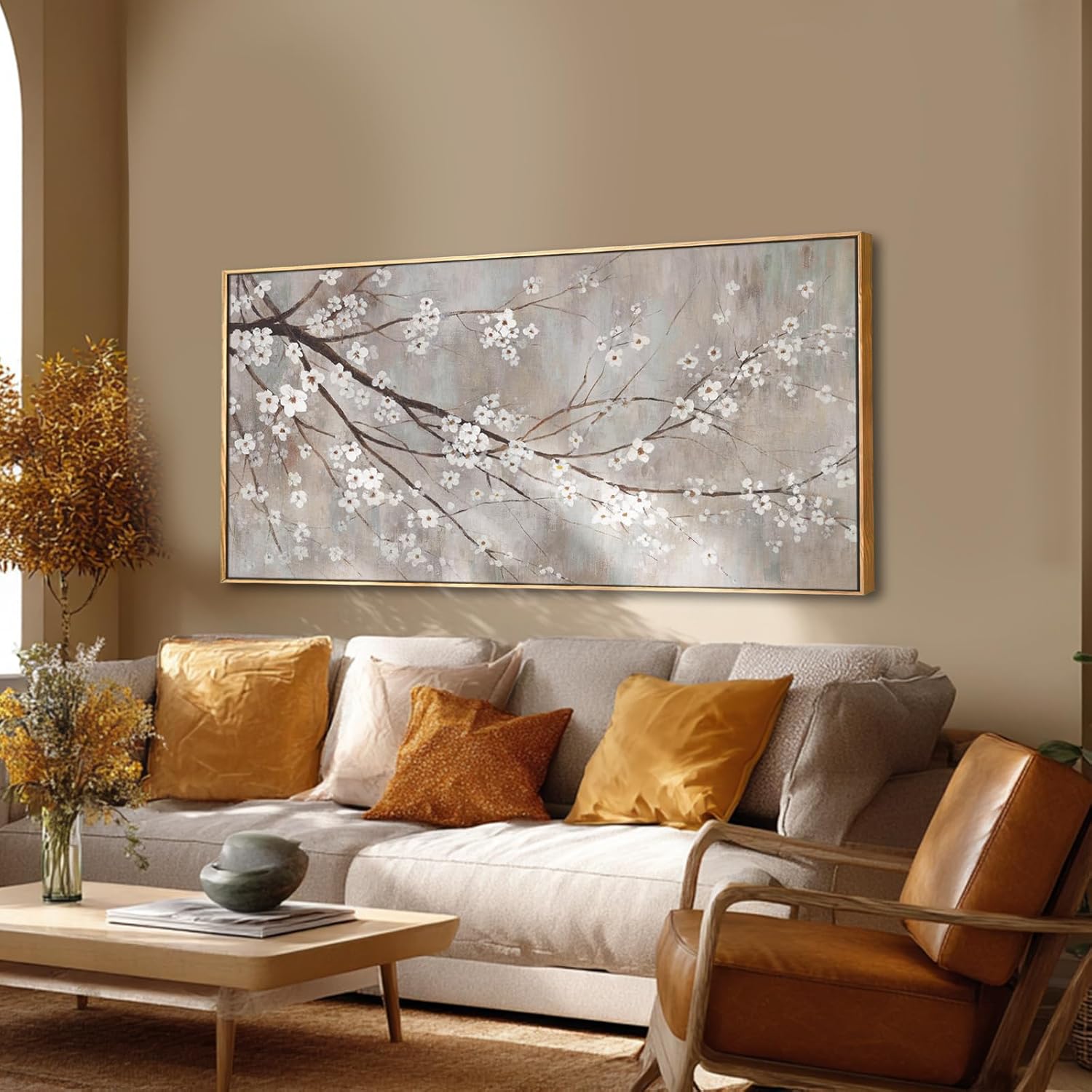 xianshou plum blossom wall decor white flowers painting on canvas nature wall art for bedroom 24"x 48" wall decorations for living room office 48"l x 24"w brown