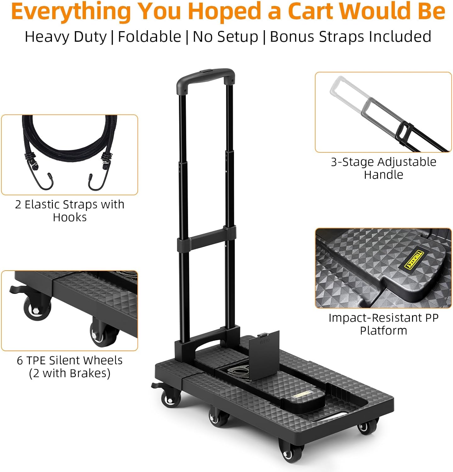 Dolly Cart with Wheels 440lbs, Folding Hand Truck with Upright Lock and 2 Elastic Straps, Extendable Heavy Duty Utility Cart for Luggage, Airport, Office & Dorm, Carrito de Carga