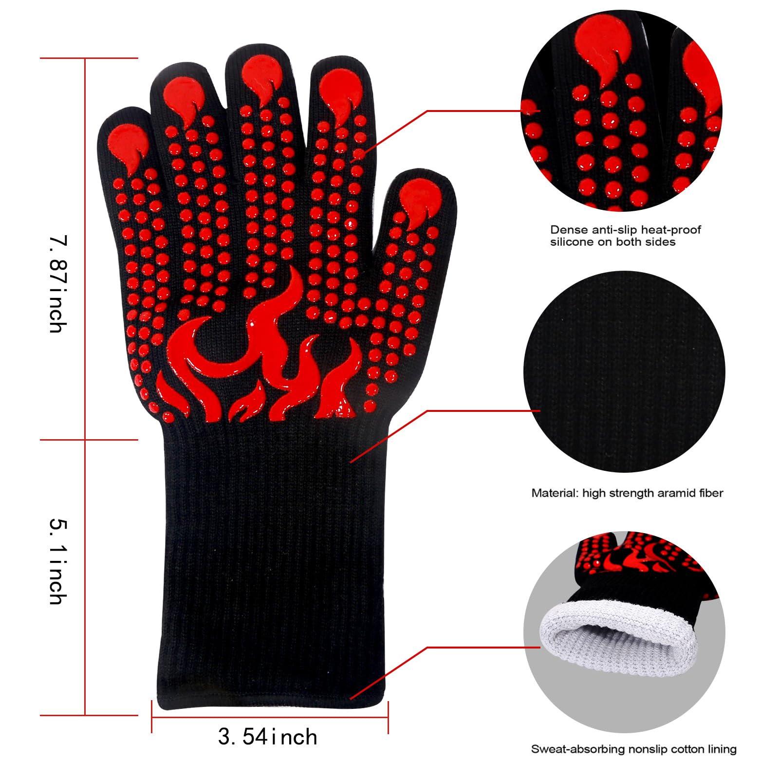 Guantes de barbacoa, ideales para exteriores, guantes de cocina, resistentes al calor, hasta 800.0 °C, muñeca extendida para mayor seguridad, guantes de horno/cocina para horno, mujeres/hombres, papá
