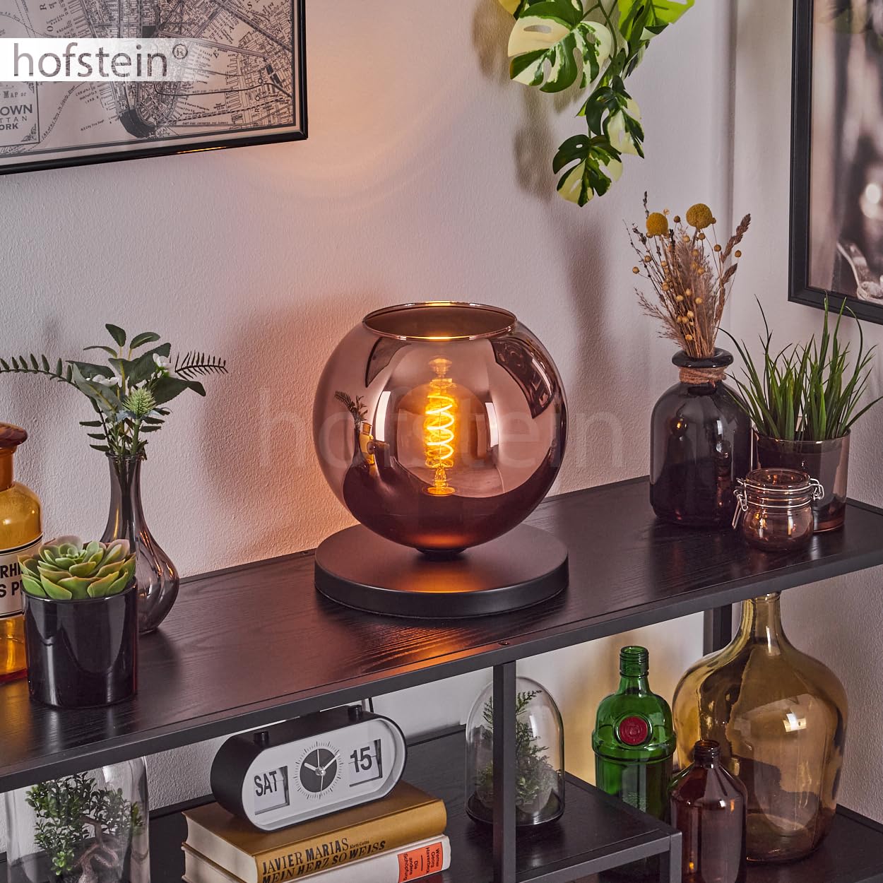 Tischleuchte Koyoto, Tischlampe aus Metall/Glas in Schwarz/Kupferfarben, Leuchte im modernen Retro/Vintage-Design mit Schirm aus Glas (Ø 25 cm) u. An/-Auschalter am Kabel, 1 x E27, ohne Leuchtmittel