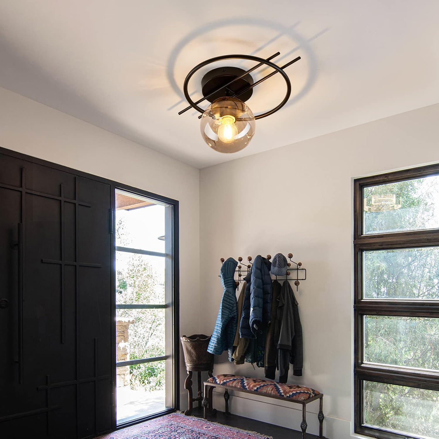 Matte black & gold finish Semi Flush Mount Ceiling Light Fixture Mid Century Modern Chandelier with Glass Globe Small Indoor Lighting for Kitchen Hallway Bathroom Bedroom Closet Farmhouse Proch.