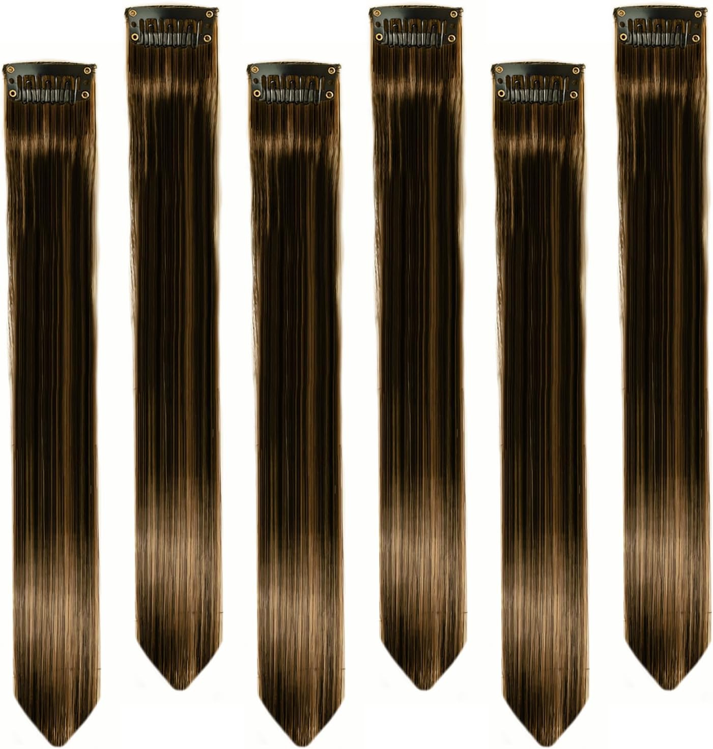 Paradise® Brown with Golden Highlights Hair Extensions For Women Real Hair 22 inches, Pack of 6 Clip-based Straight Colored Hair Streaks for Women & Girls, 2-Tone Party Funky Synthetic Hair Patches