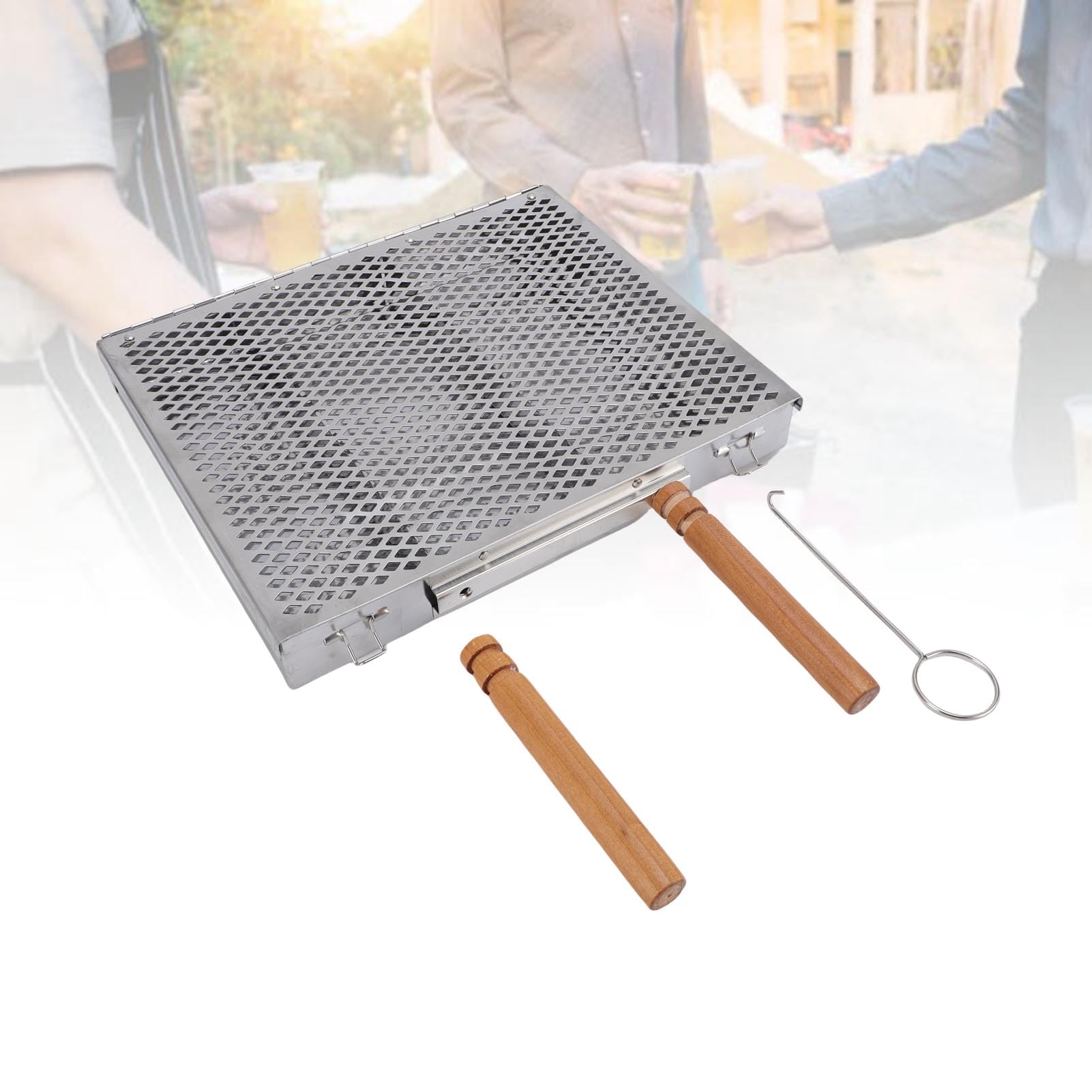 Generic Cestello per Barbecue Resistente Griglia in Acciaio Inossidabile Regolabile per Pesce Carne Verdure per Campeggio e Picnic Argento 12,0x1,6x10,0 Pollici (doppia maniglia)