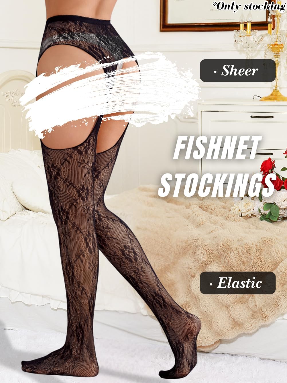 ShawGobow Sexy Garter Tights,Floral Lace Patterned Fishnet Stockings For Women,Rave Party Date Night Suspender Pantyhose