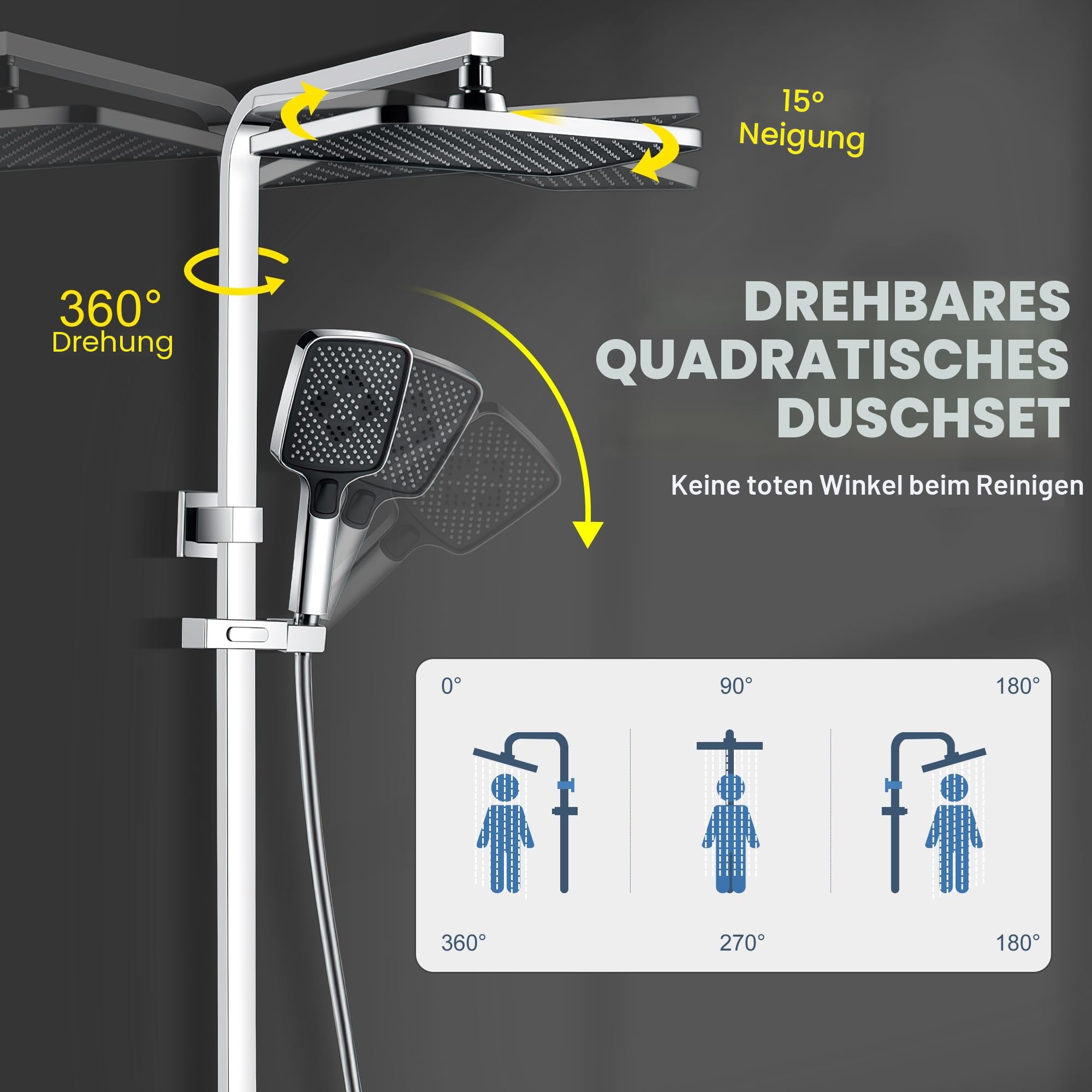 SonTiy Duschsystem Regendusche, Edelstahl Duschset ohne Armatur, Schwenkbare Quadratische Duschgarnitur mit Duschkopf Regendusche 20X30cm & 3 Strahlarten Handbrause, Messing Duschumsteller, Chrom