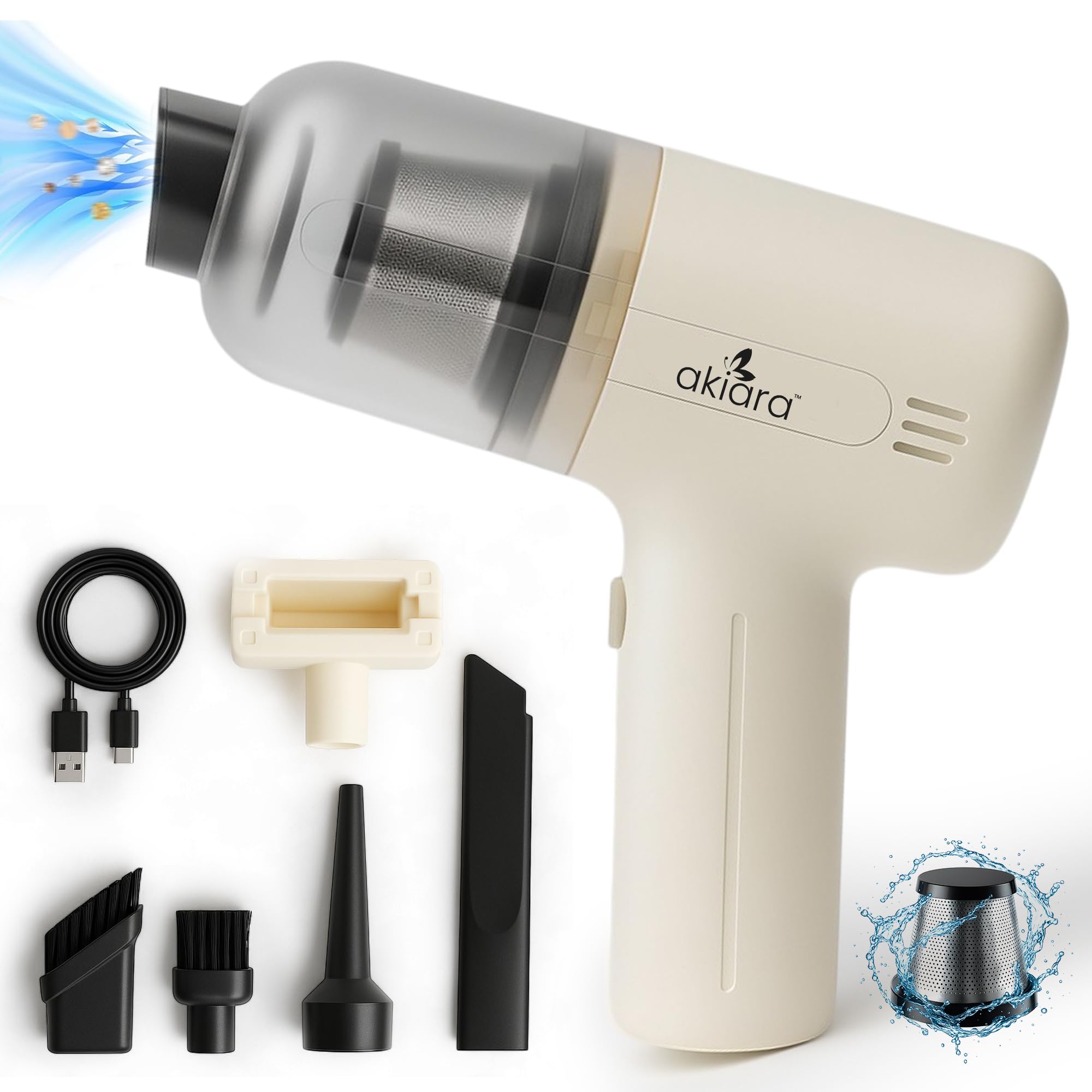 Akiara 5IN1 Portable Car Vacuum Cleaner with Blower | HEPA Filter, Washable, Cordless Mini Vacuum for Sofa, and Car Cleaning | USB Rechargeable Wireless Handheld Vacuum Cleaner for Home and Car